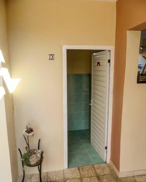 A hallway leads to a bathroom with a door marked 'X' and a small table with a potted plant.
