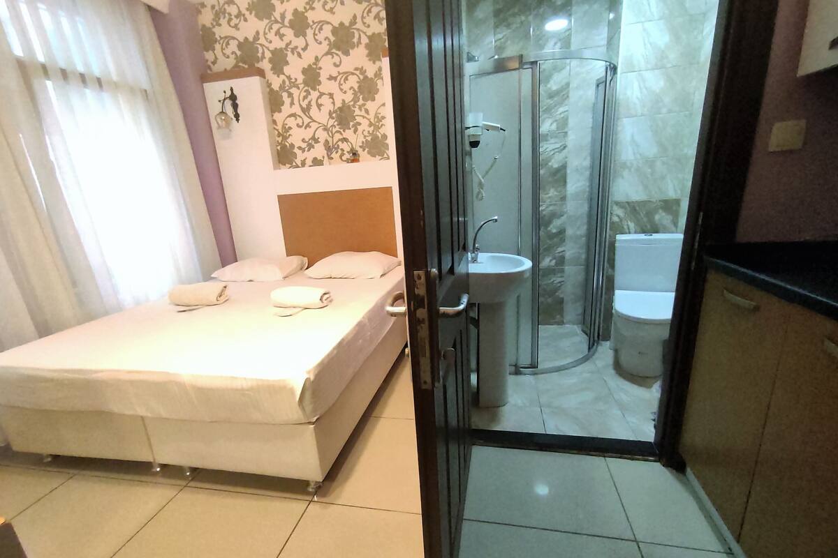 A hotel room with a bed, a bathroom with a shower, and a toilet.