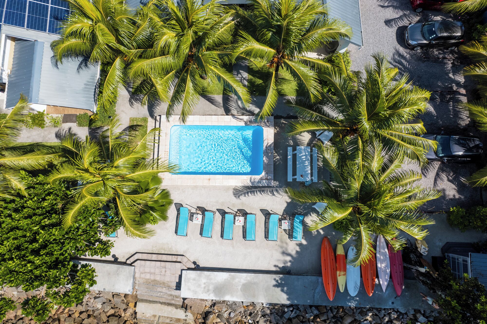 Vue aérienne d’un complexe hôtelier doté d’une piscine entourée de palmiers, de chaises longues et de planches de surf.
