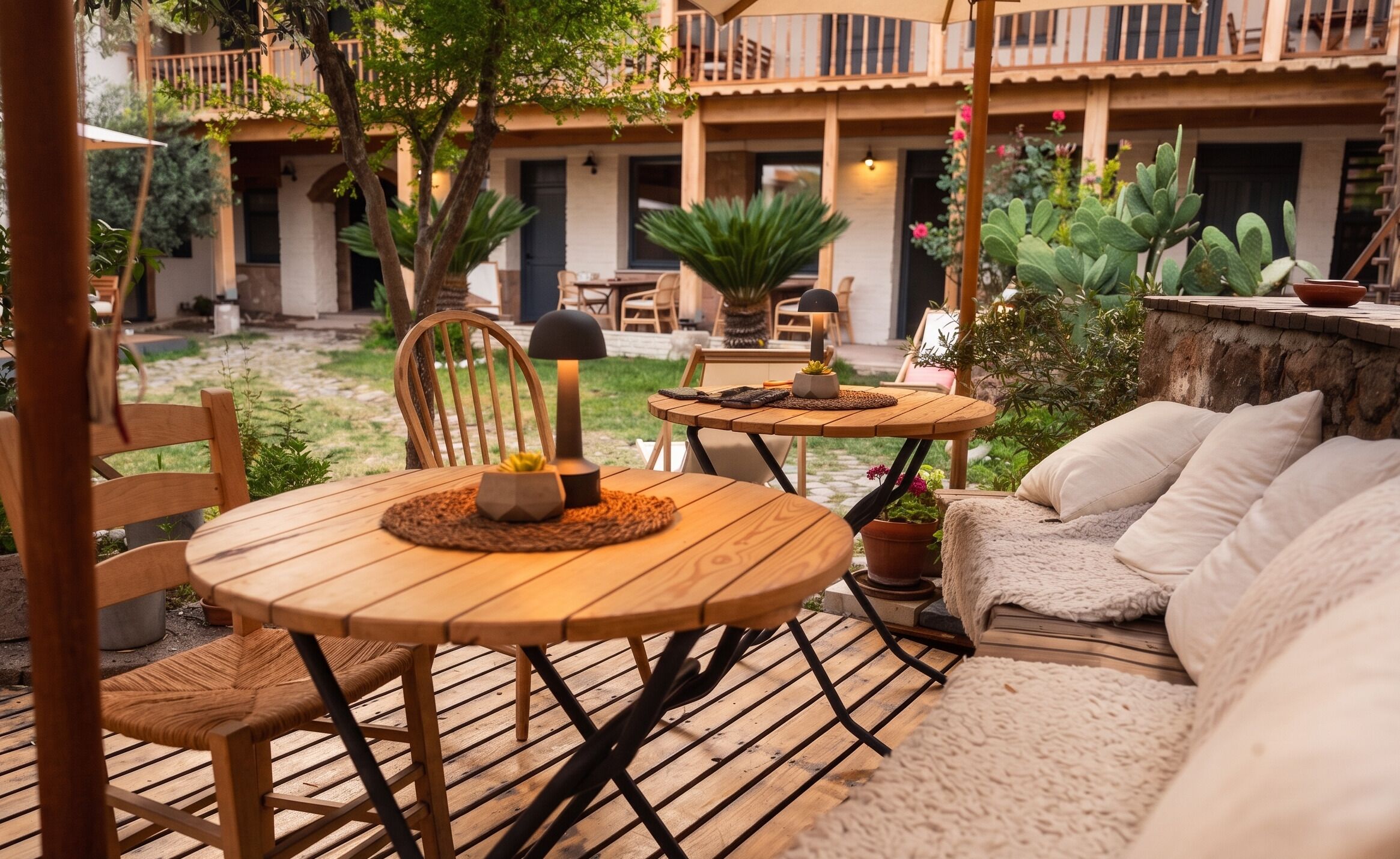 Un patio al aire libre con mesas y sillas de madera, un sofá con cojines y plantas en macetas.