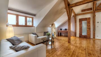 Exclusief appartement, 1 slaapkamer, terras, uitzicht op de stad | Woonkamer | Flatscreentelevisie