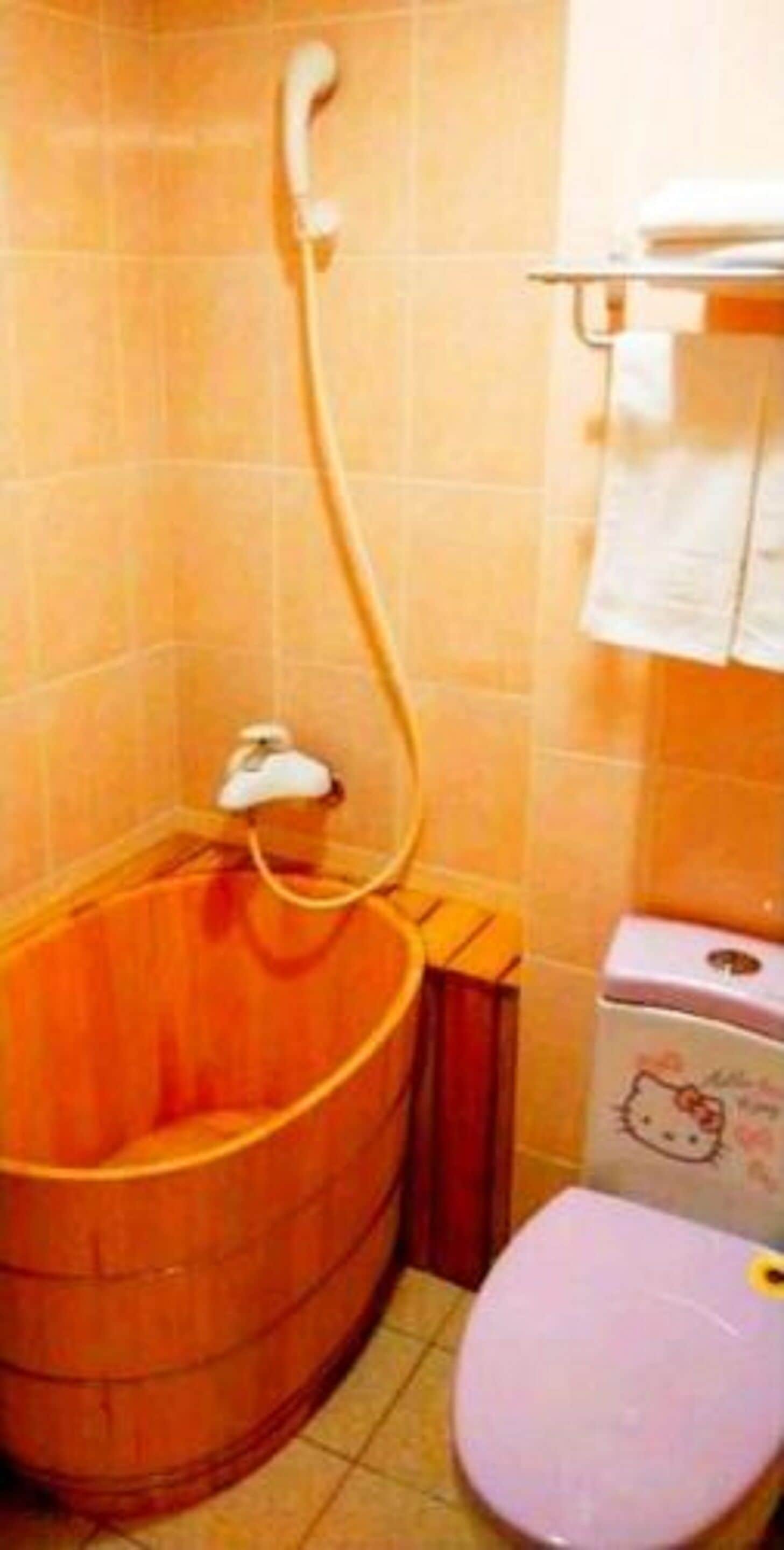 combined shower/bathtub, free toiletries, hair dryer, slippers
