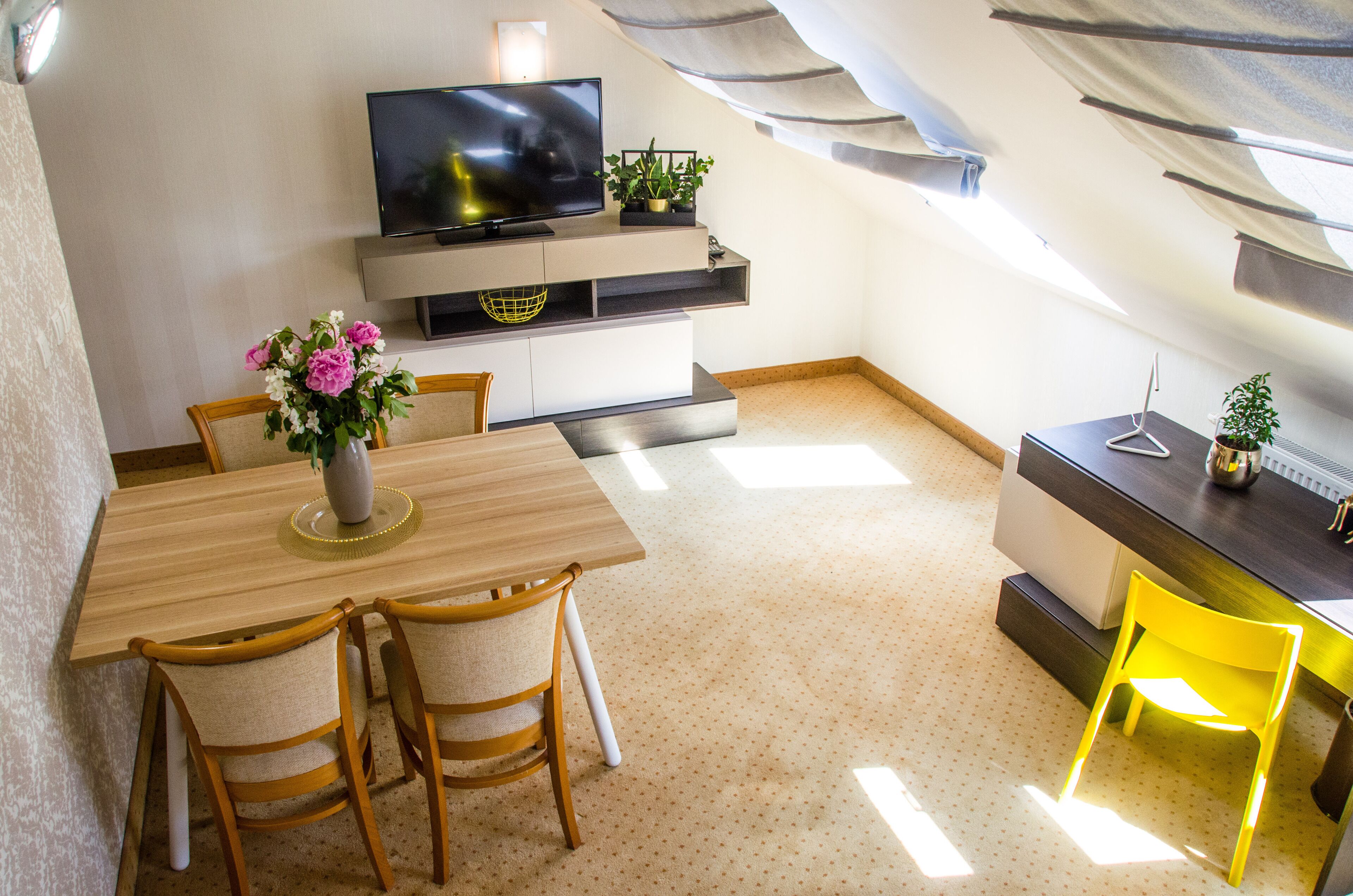 A modern dining area with a wooden table, two chairs, a TV, and potted plants.
