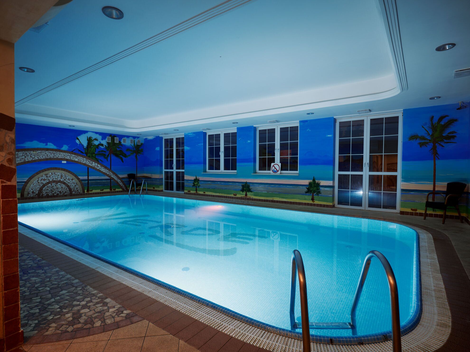 indoor pool, seasonal outdoor pool, pool loungers