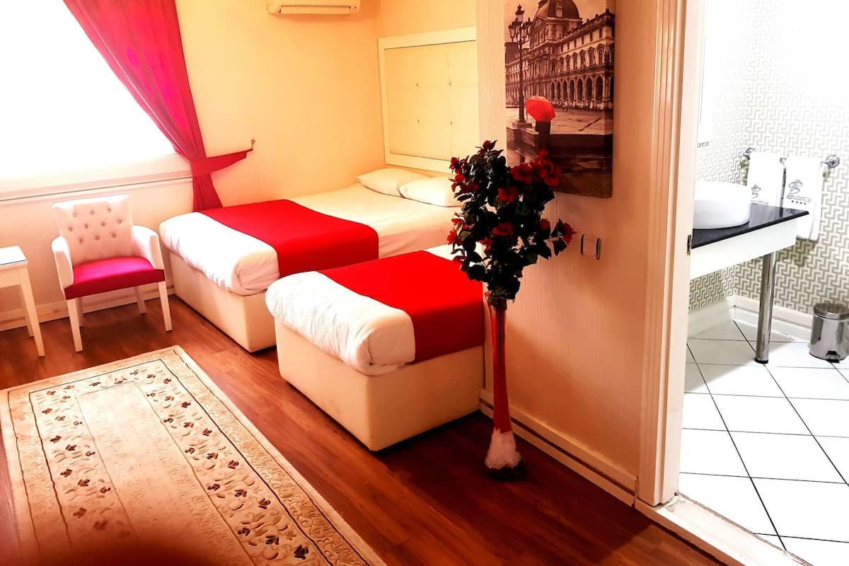A hotel room with two beds, a chair, a rug, a vase with flowers, an air conditioning unit, and a painting of a building.
