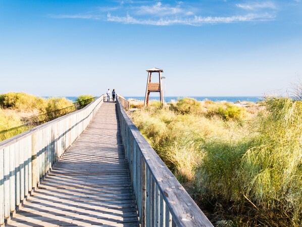 Une promenade en bois menant à un poste de surveillance des sauveteurs, entourée d’herbe et de dunes.