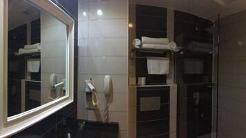 Shower, free toiletries, hair dryer, towels