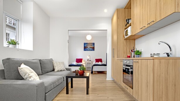 A modern living room with a grey sofa, a small table, and a kitchen area with wooden cabinets and a built-in oven. - Alfred's Studios (Reykjavik)