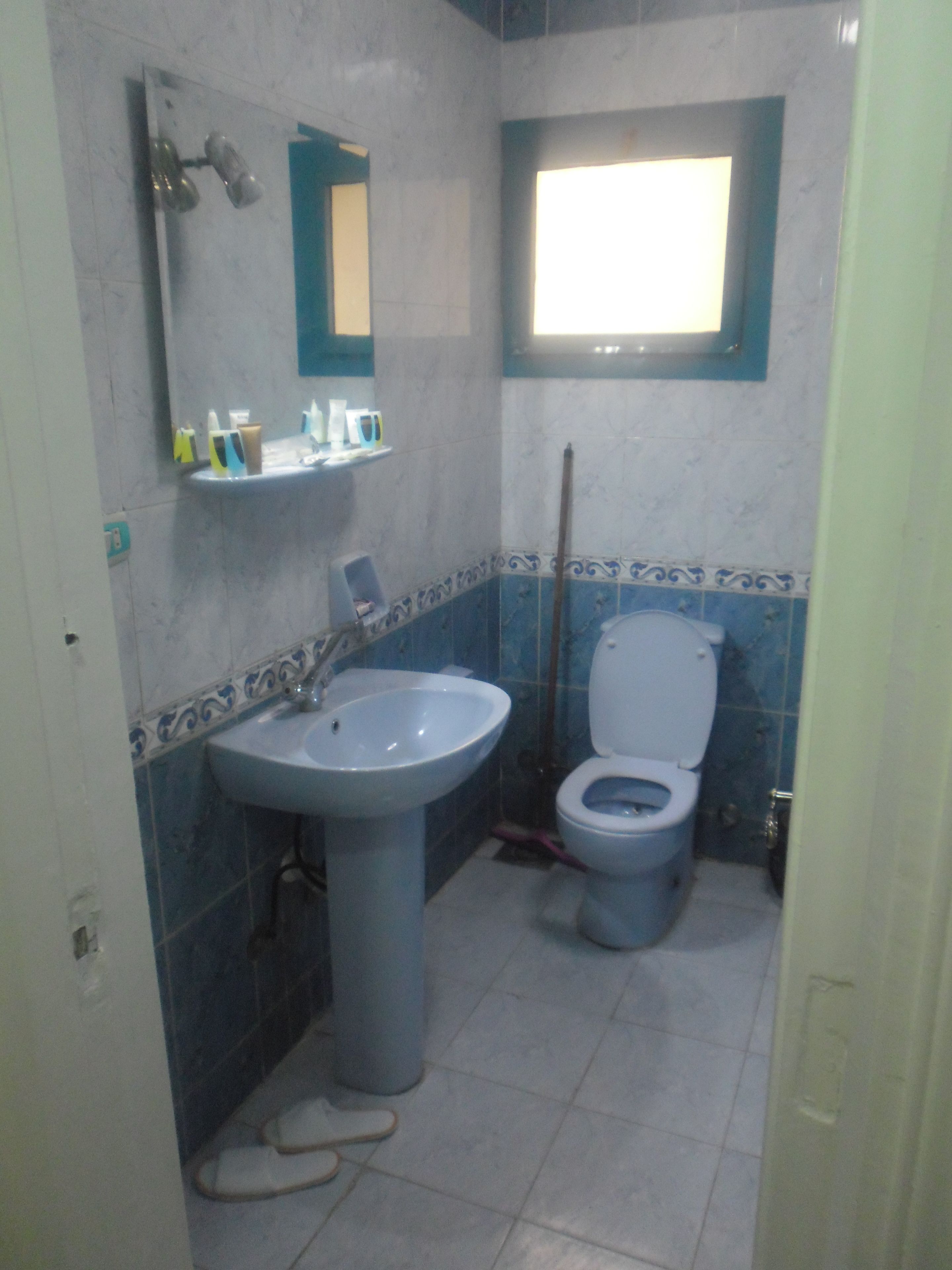 Une salle de bain équipée d’un lavabo, de toilettes et d’une fenêtre située au-dessus des toilettes.