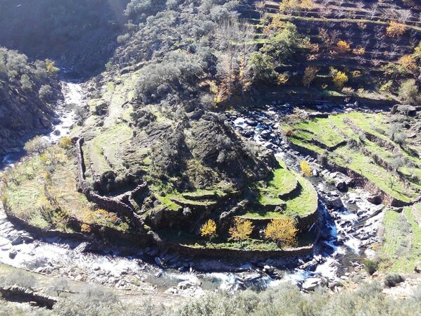 A terraced landscape with a central mound, possibly a historical site or monument, surrounded by a river. - Sabores Hurdanos (Ladrillar)