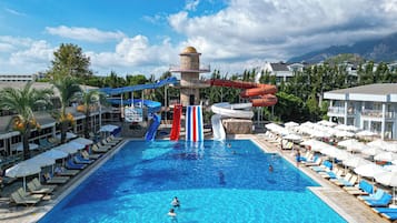 Indoor pool, outdoor pool, pool umbrellas, pool loungers