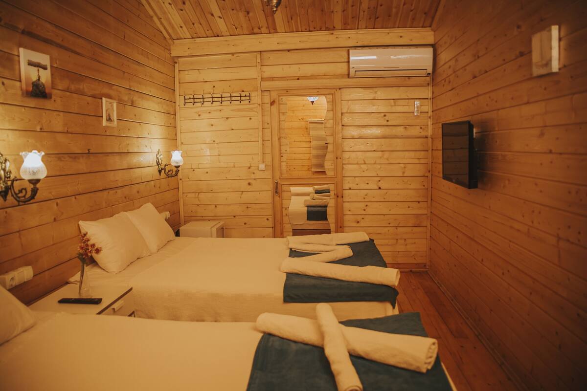 A wooden cabin room with two beds, a mirror, a TV, and a wall-mounted heater.