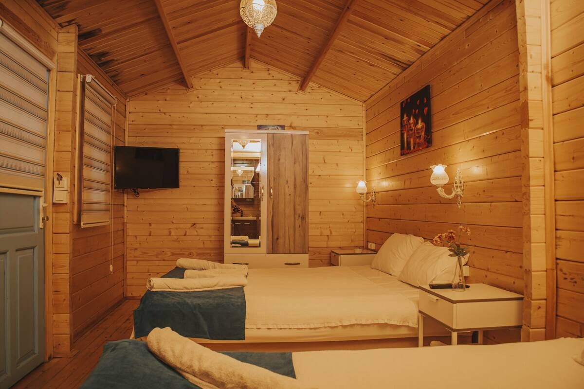 A wooden cabin bedroom with two beds, a television, a wardrobe, and a mirror.