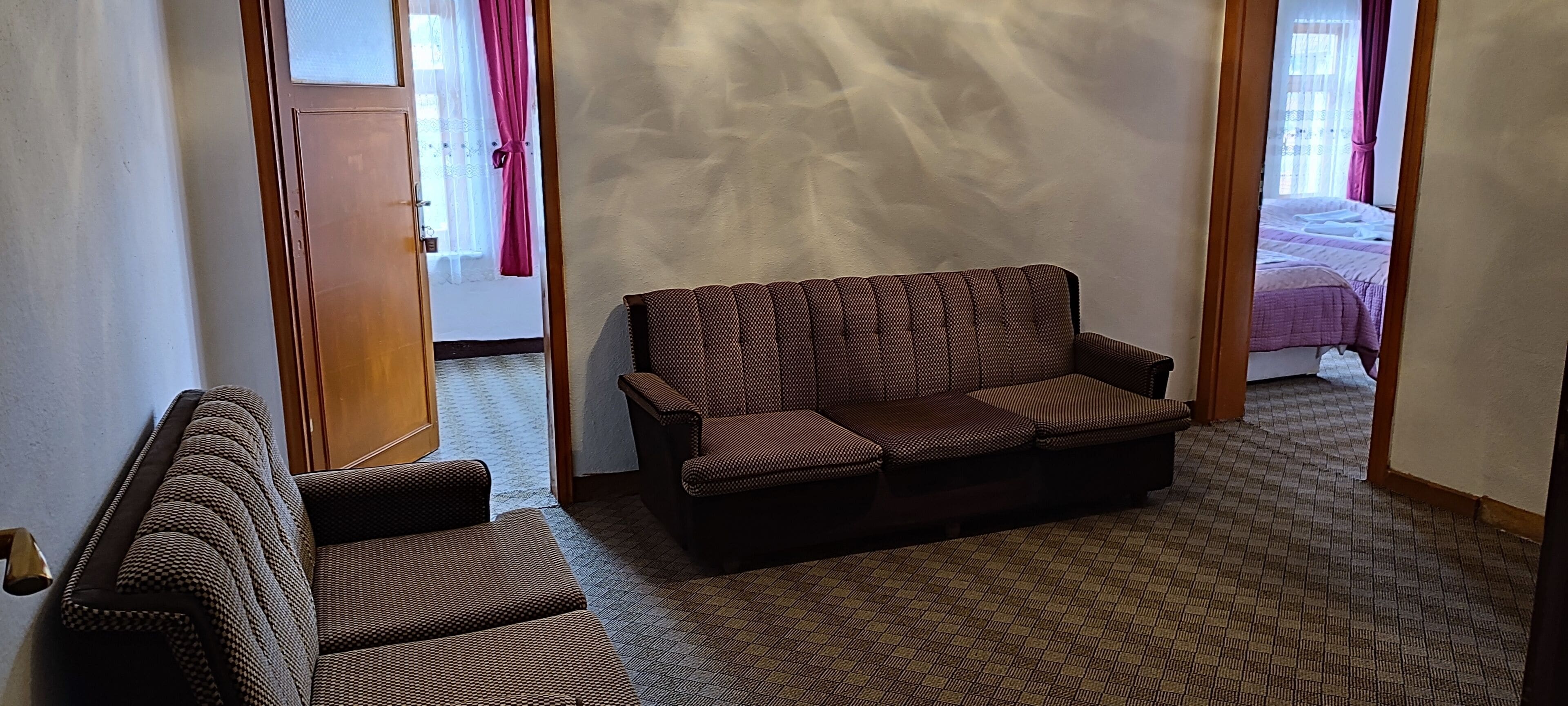 A room with a brown sofa, a smaller armchair, and a patterned carpet.