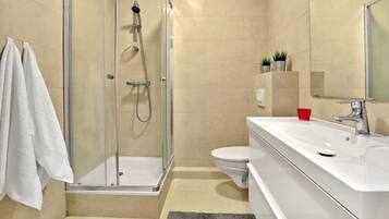 Shower, towels, soap, toilet paper