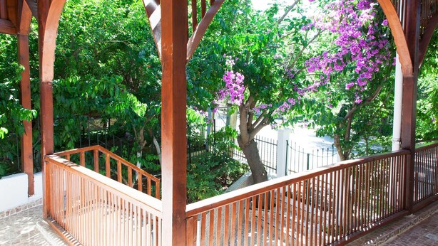 Un balcón de madera con vistas a árboles verdes y flores moradas.