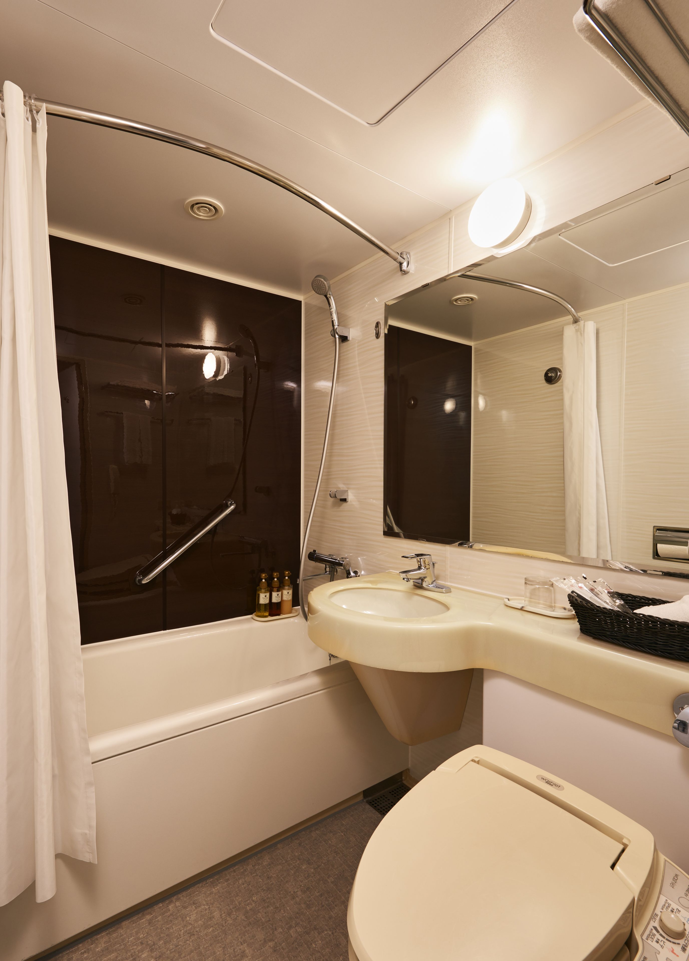 combined shower/bathtub, free toiletries, hair dryer, slippers