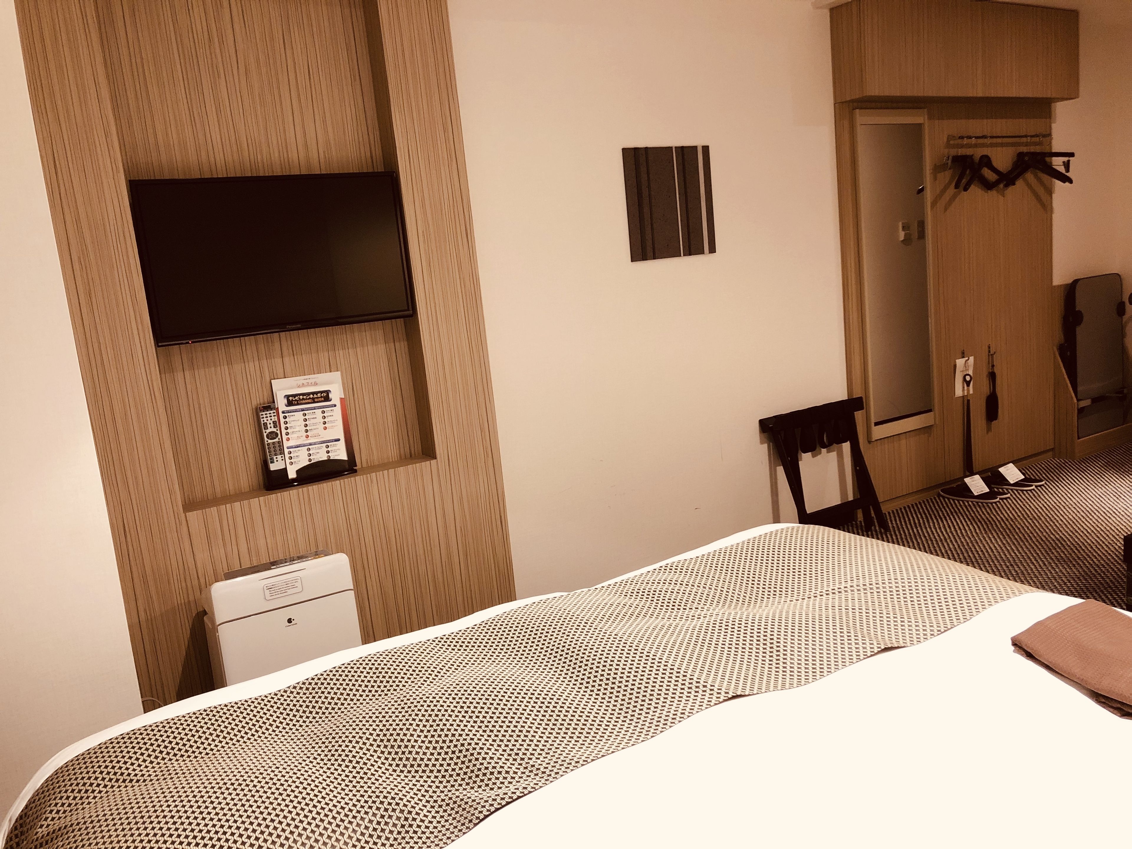 A hotel room with a bed, a flat-screen TV mounted on the wall, a small desk with a chair, and a coat rack with hangers.