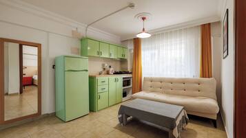 A compact living space with a kitchenette, a sofa, a dining table, and a mirror.