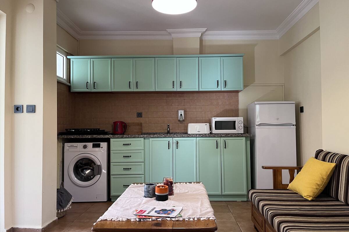 apartment, garden view | private kitchen | fridge, cleaning supplies