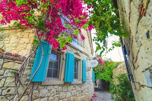 Un edificio de piedra con contraventanas azules y un letrero que dice "Asylum Konar".