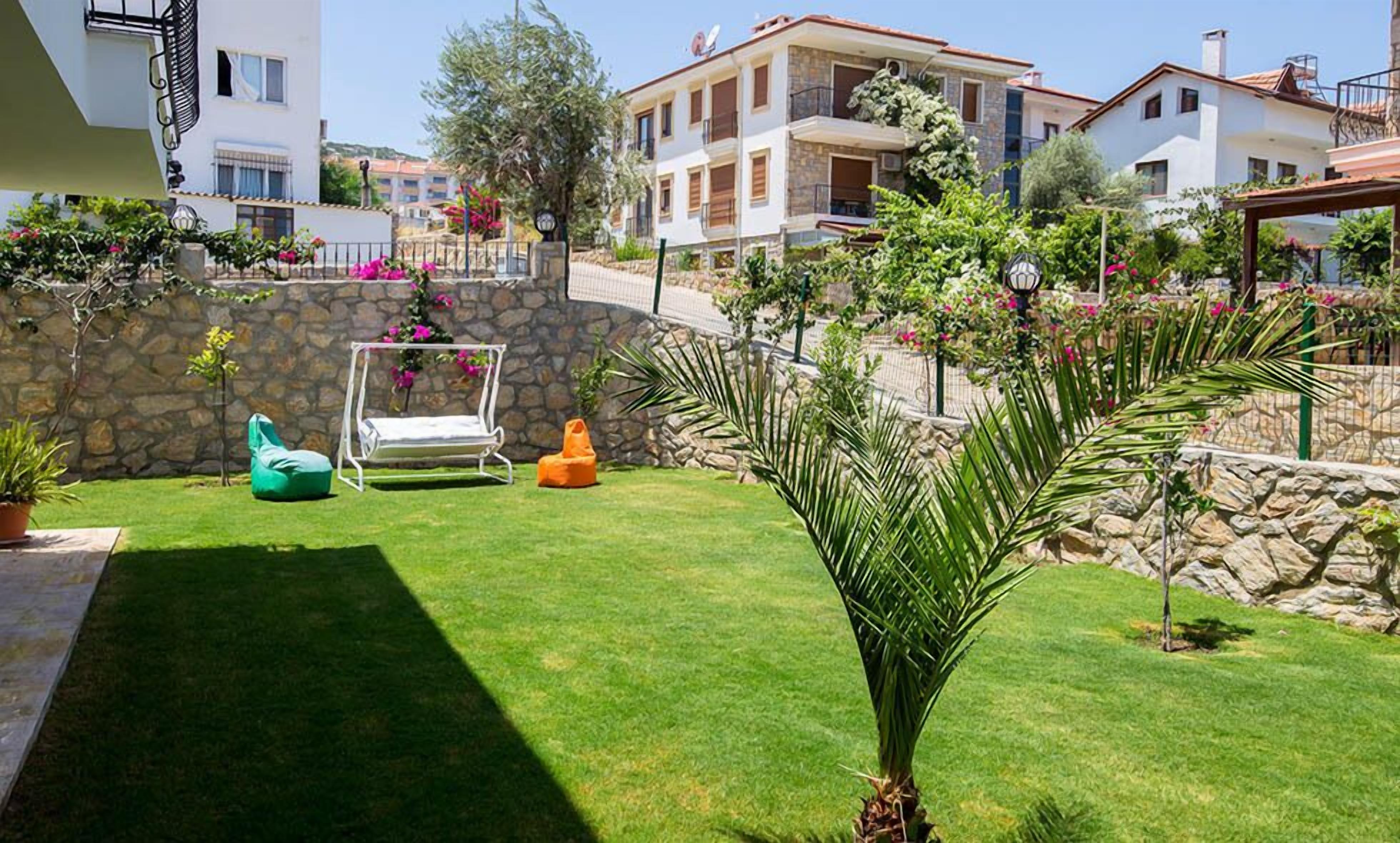 A well-maintained garden with a lawn, a swing, and a palm tree.