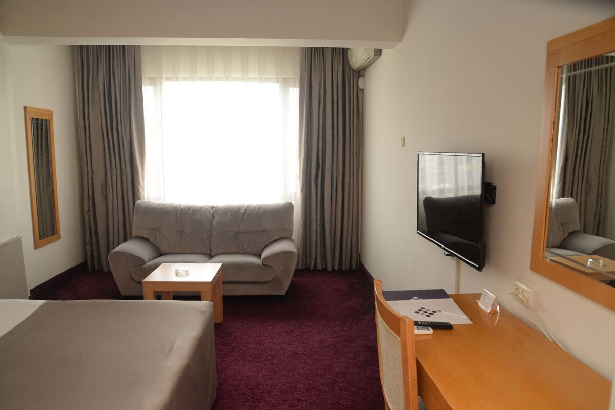 A hotel room with a bed, a sofa, a TV, and a desk with a mirror.