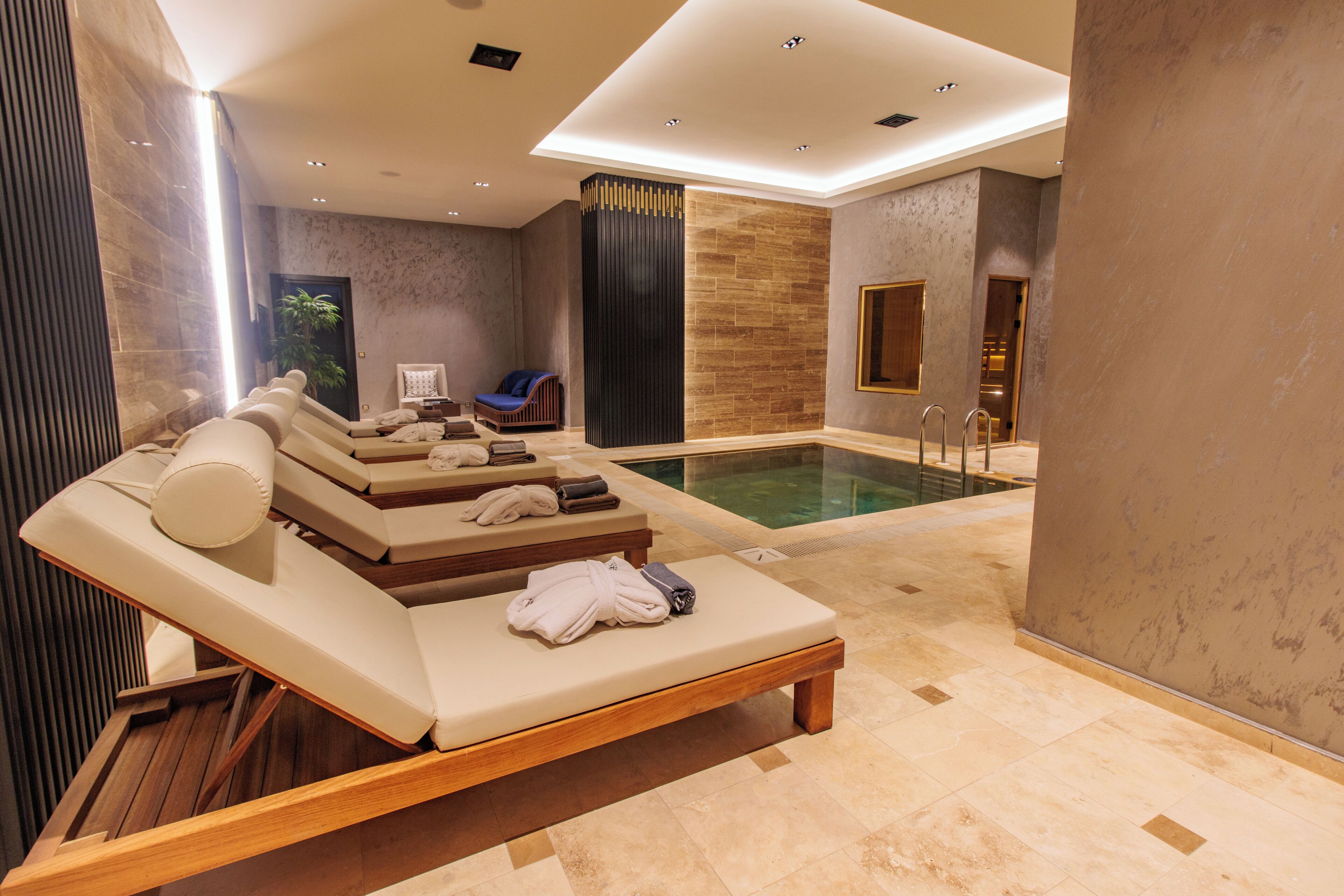 A modern spa area with multiple lounge chairs, a pool, and a reception desk.