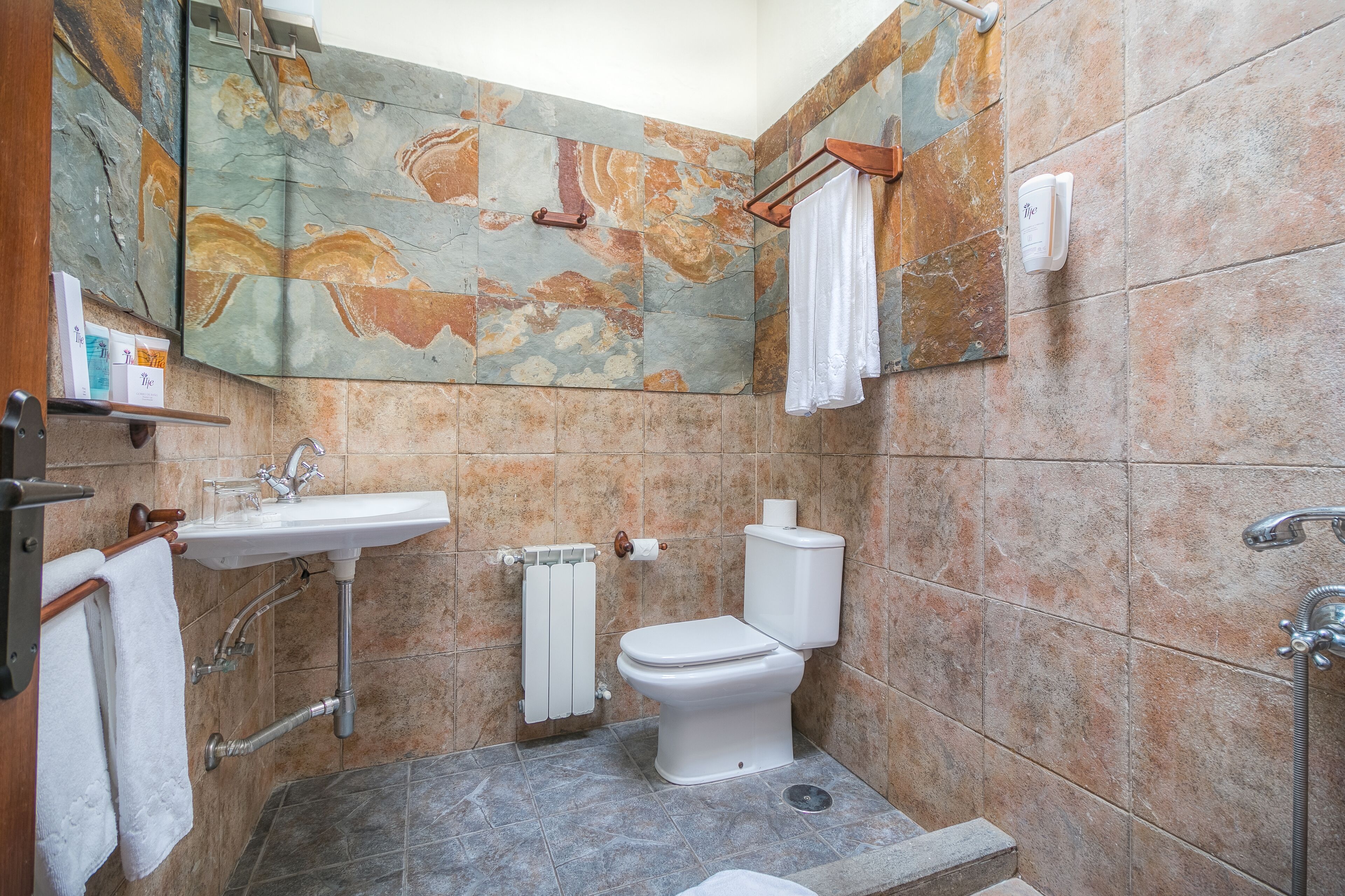 Un baño con lavabo, inodoro y ducha.