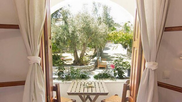 A balcony with a wooden table and two chairs, overlooking a garden with trees and plants. - Naftilos Skiathos (Skiathos)