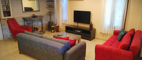 A living room with a grey sofa, a red sofa, a red armchair, a TV, a fireplace, and a bookshelf.