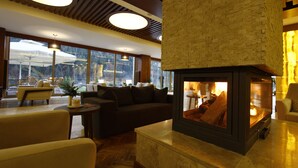 A cozy living room with a fireplace, comfortable seating, and large windows offering a view of the outdoors. - Abant Aden Boutique Hotel & Spa (Bolu)