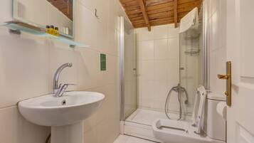 Un baño con lavamanos, ducha e inodoro.