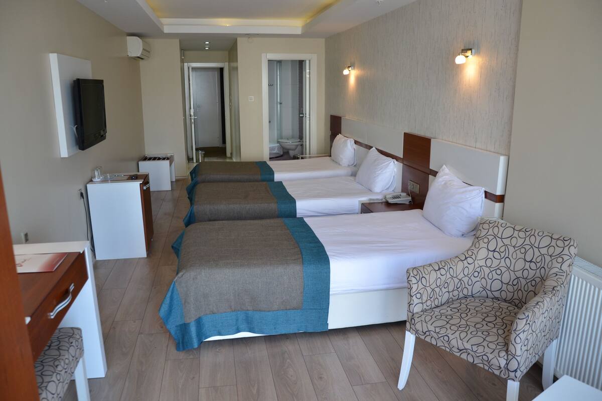 Une chambre d’hôtel avec deux lits, un bureau, une chaise, une télévision et une salle de bain visible à travers une porte ouverte.