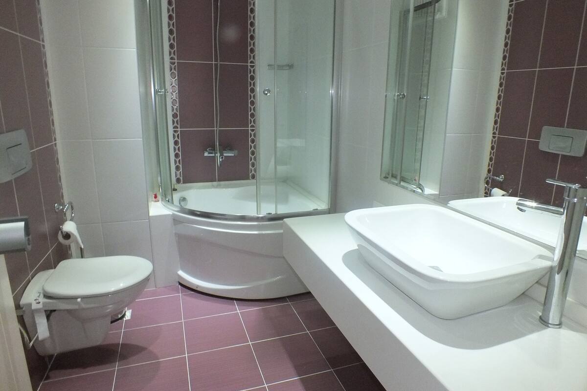 deep-soaking bathtub, free toiletries, hair dryer, slippers