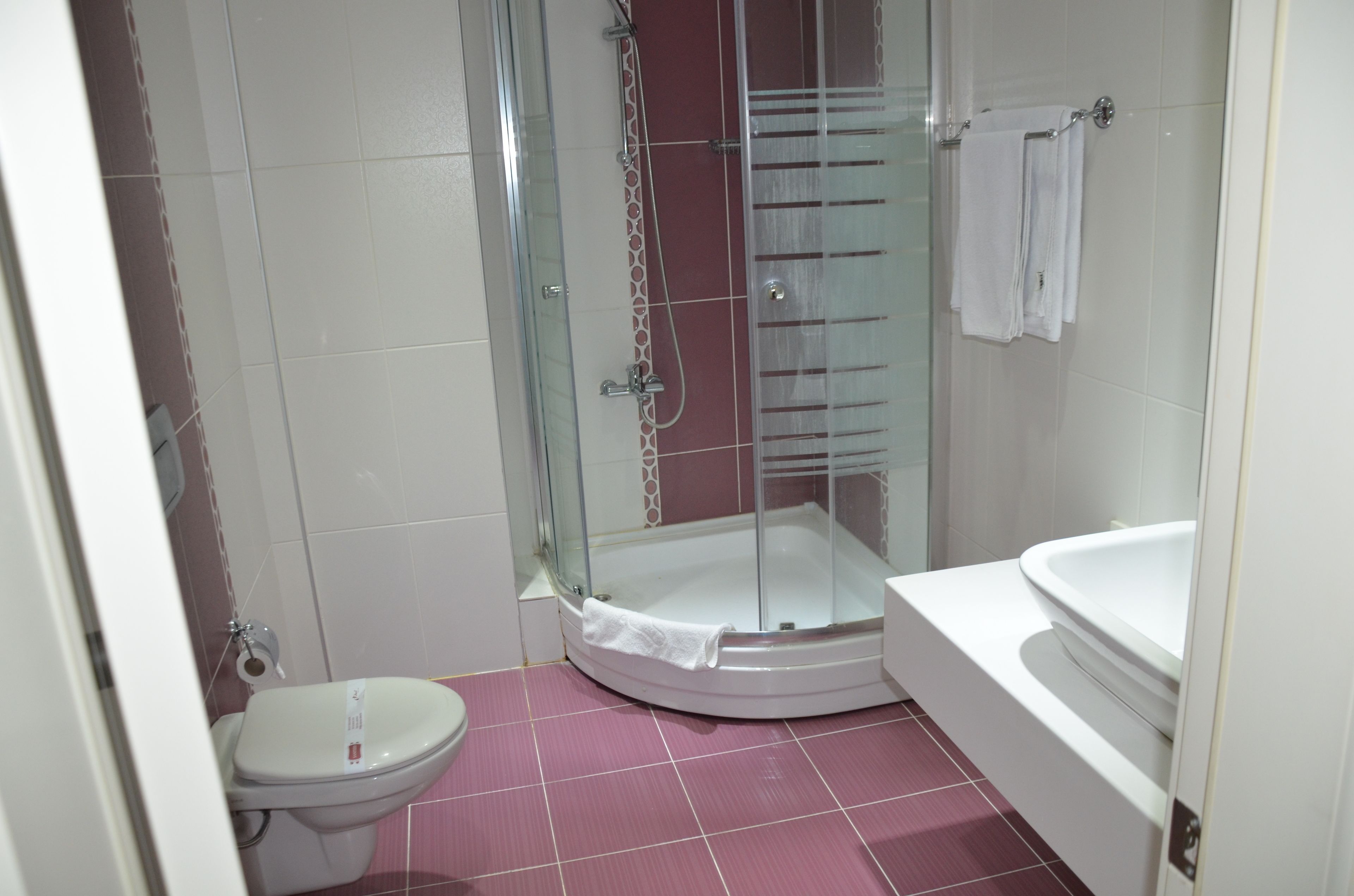 A bathroom with a glass-enclosed shower, a white bathtub, and a toilet.