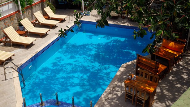 Una piscina con lettini e un tavolo, circondata da piante in vaso e un pergolato.