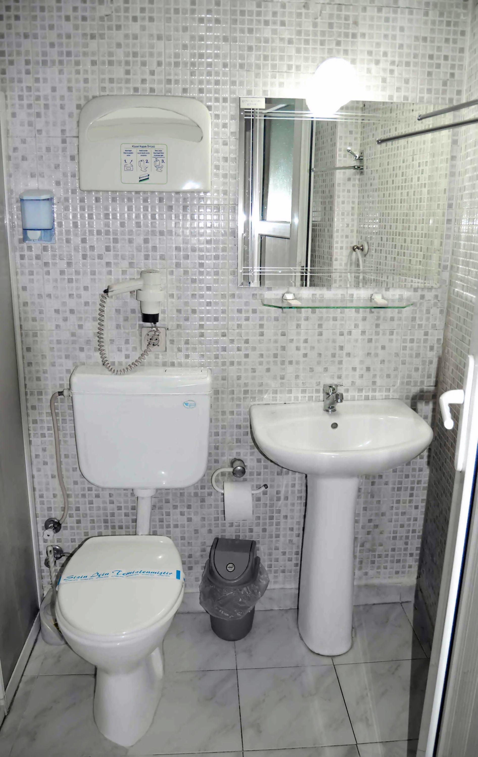 A bathroom with a toilet, sink, and shower.