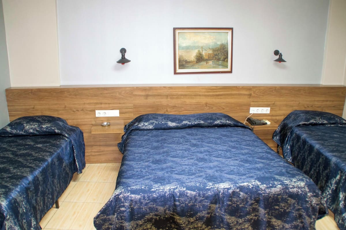 Una habitación con dos camas, cabeceros de madera, un cuadro en la pared y una mesita con una lámpara.