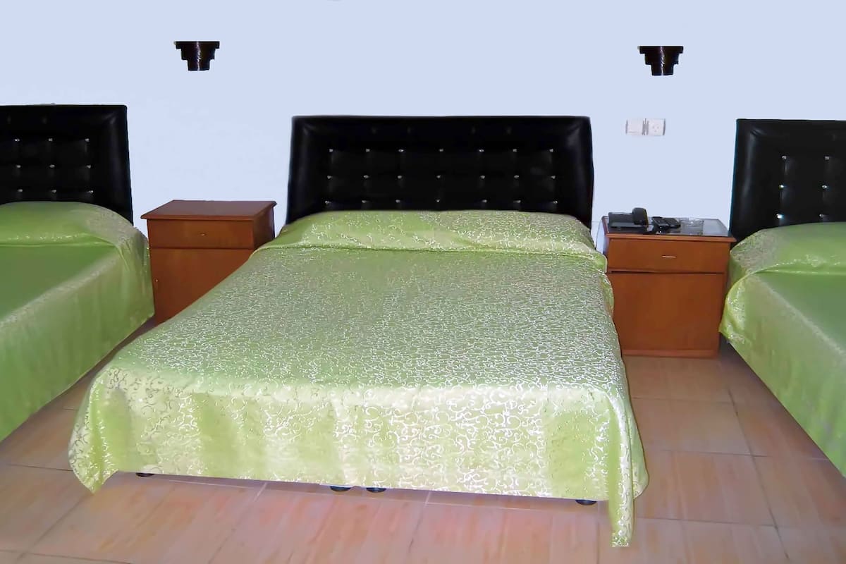 Una habitación con una cama, dos mesitas de noche y un enchufe.