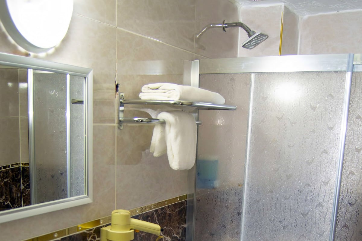 Shower, free toiletries, hair dryer, slippers