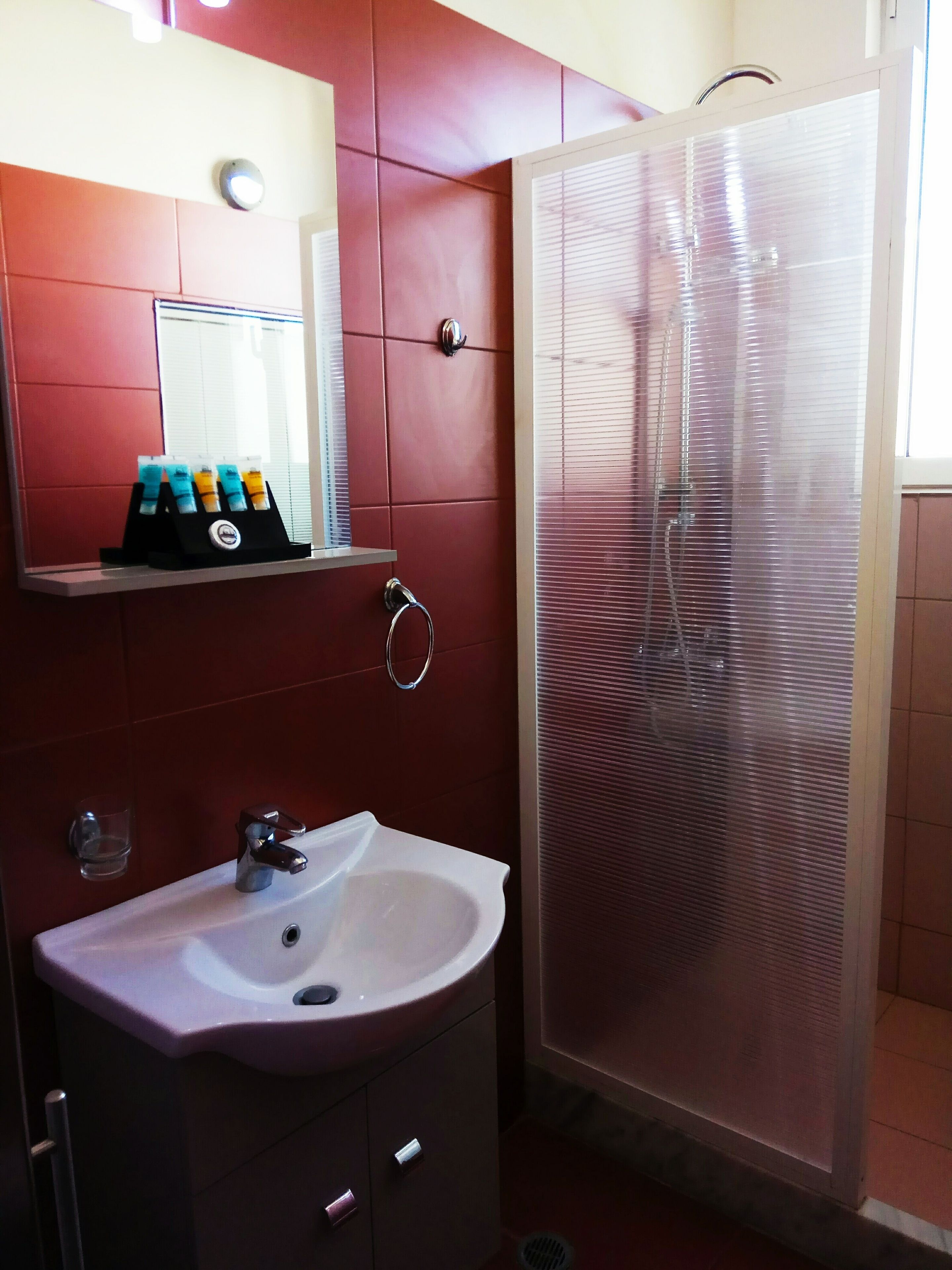 Un baño con un lavamanos blanco, un espejo, una cabina de ducha de vidrio y un estante con artículos de aseo.