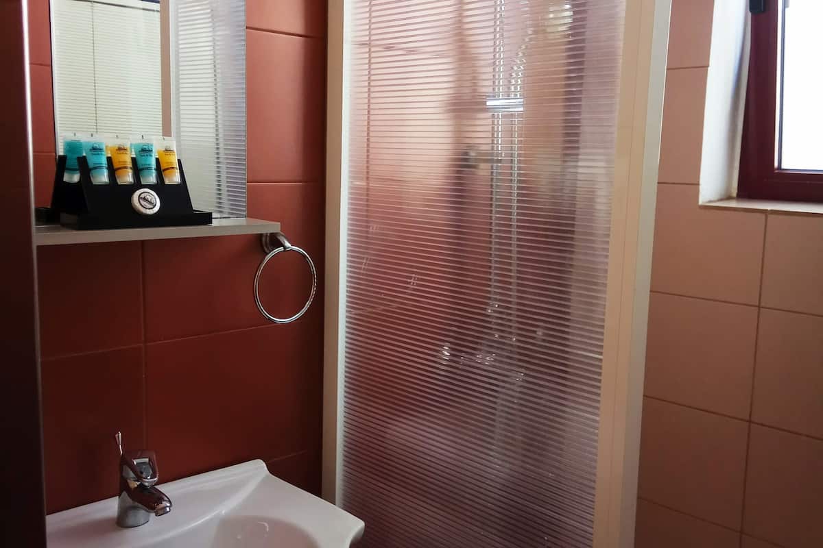 deluxe studio (2 adults) | bathroom | shower, free toiletries, hair dryer, slippers
