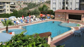 Outdoor pool, open 8:00 AM to 7:30 PM, pool umbrellas, pool loungers