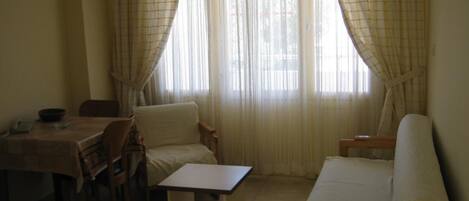 A room with a dining table, two chairs, a sofa, and a small table.