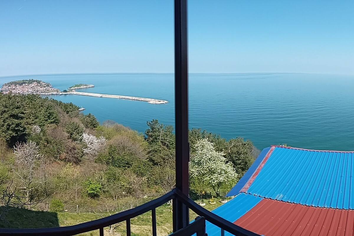 Vista costera con una estructura de techo azul y rojo, una isla distante y cielo despejado.
