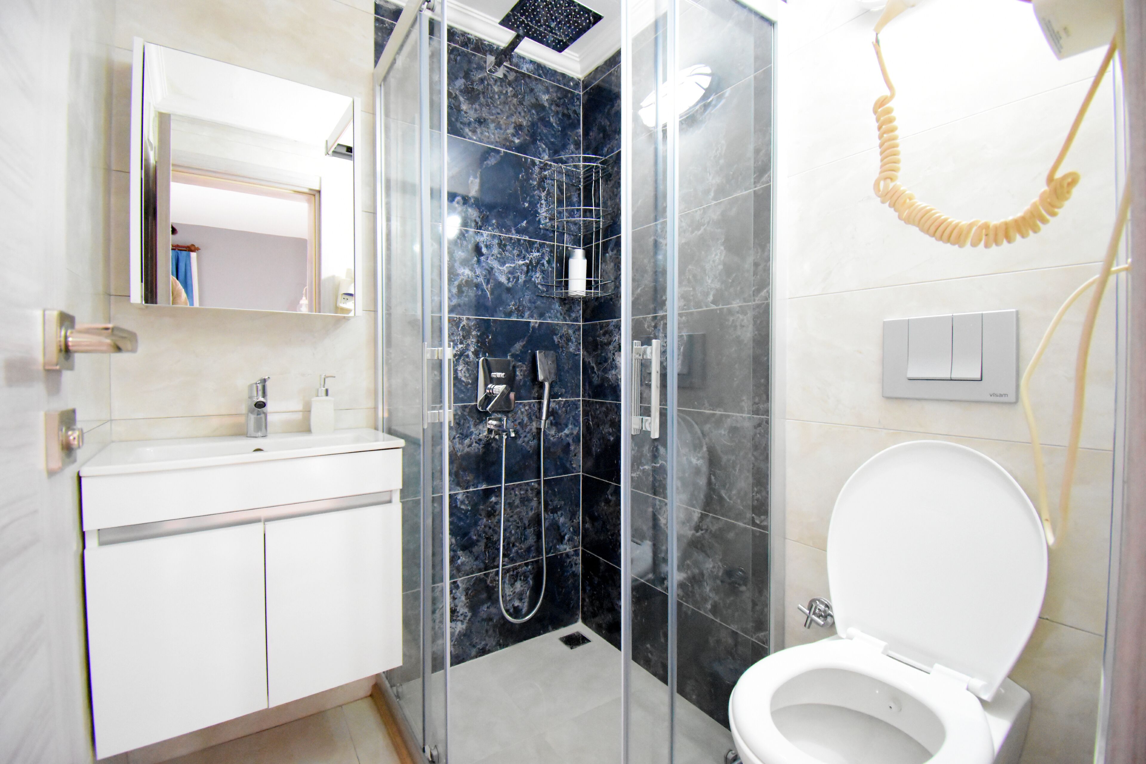 A modern bathroom with a glass-enclosed shower, a white sink, and a toilet.