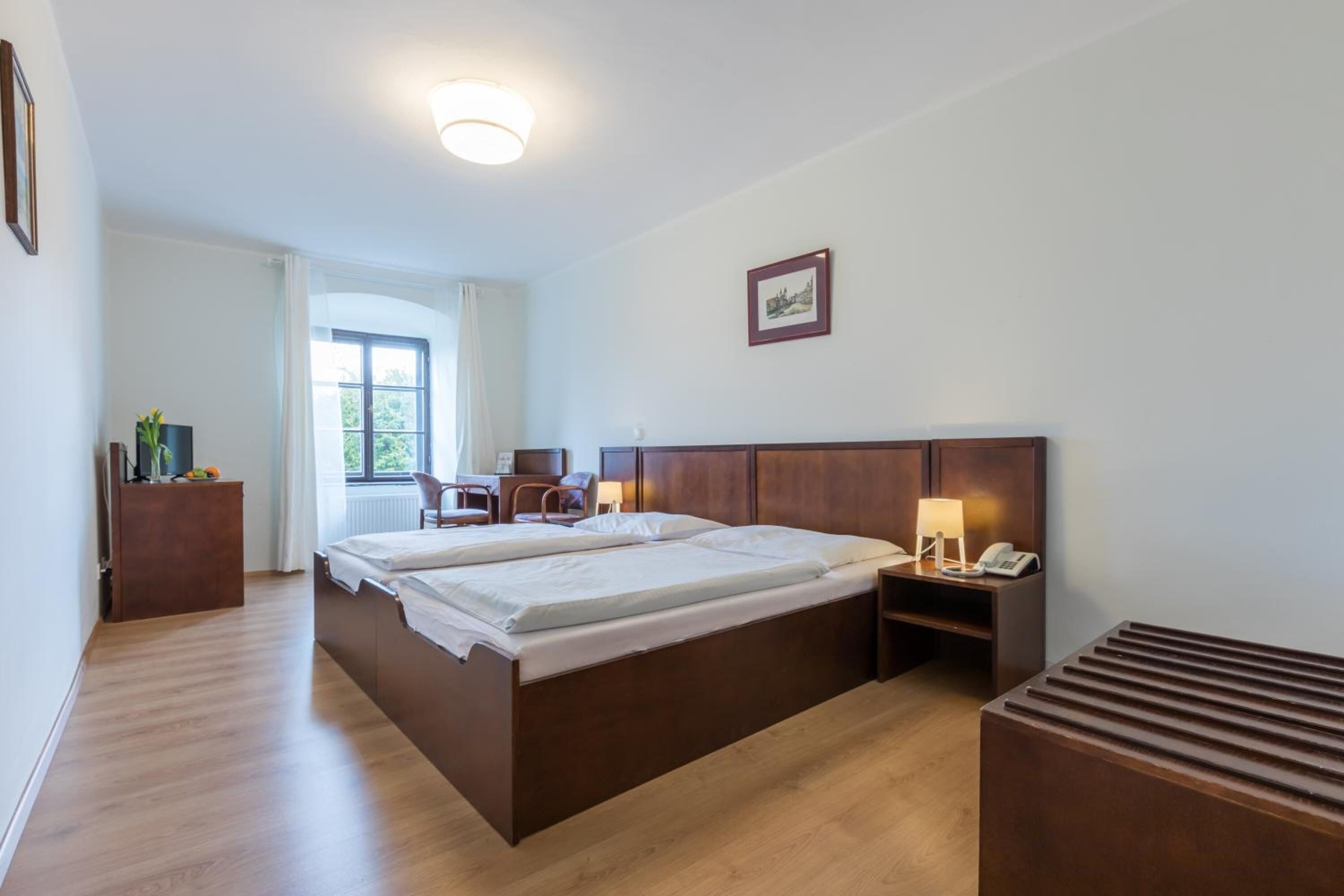 premium bedding, desk, blackout curtains, iron/ironing board