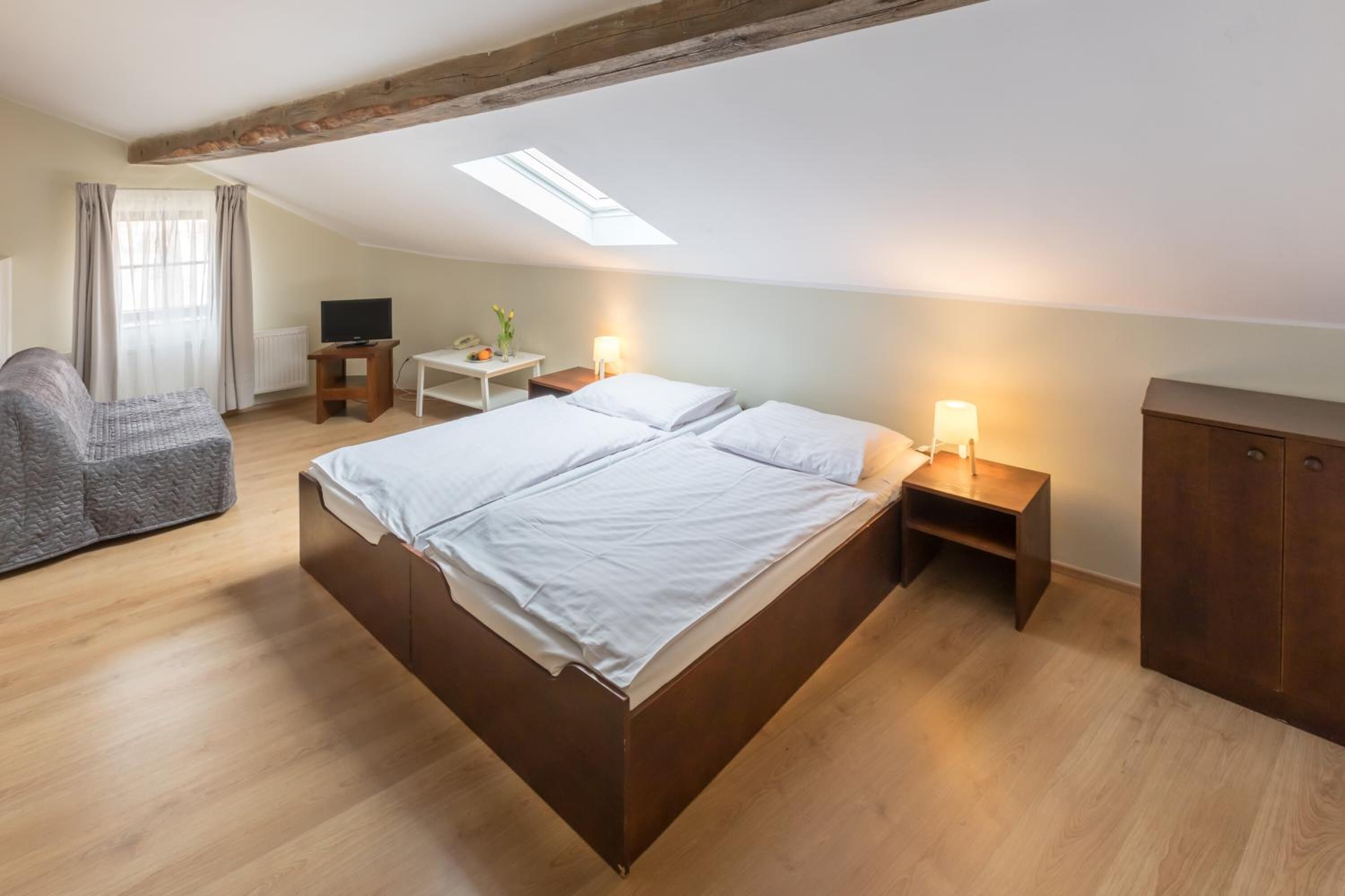 premium bedding, desk, blackout curtains, iron/ironing board