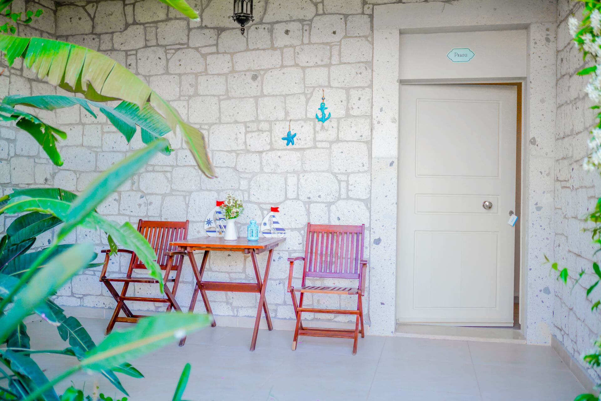 A room with a white door, a small table with chairs, and a potted plant.